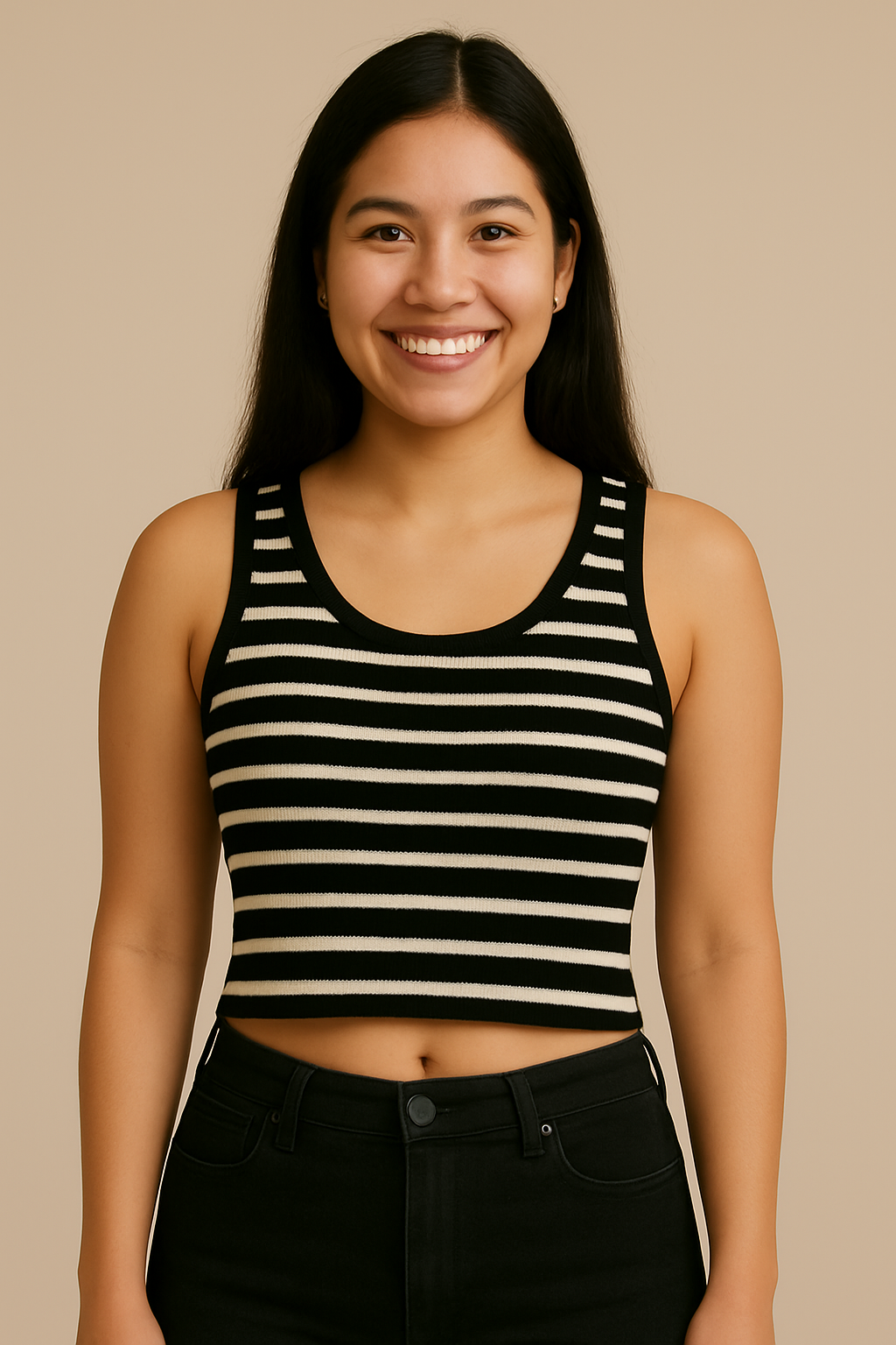 CODE 18 Women’s Black & White Striped Ribbed Crop Top – Sleeveless Tank Style Casual Wear