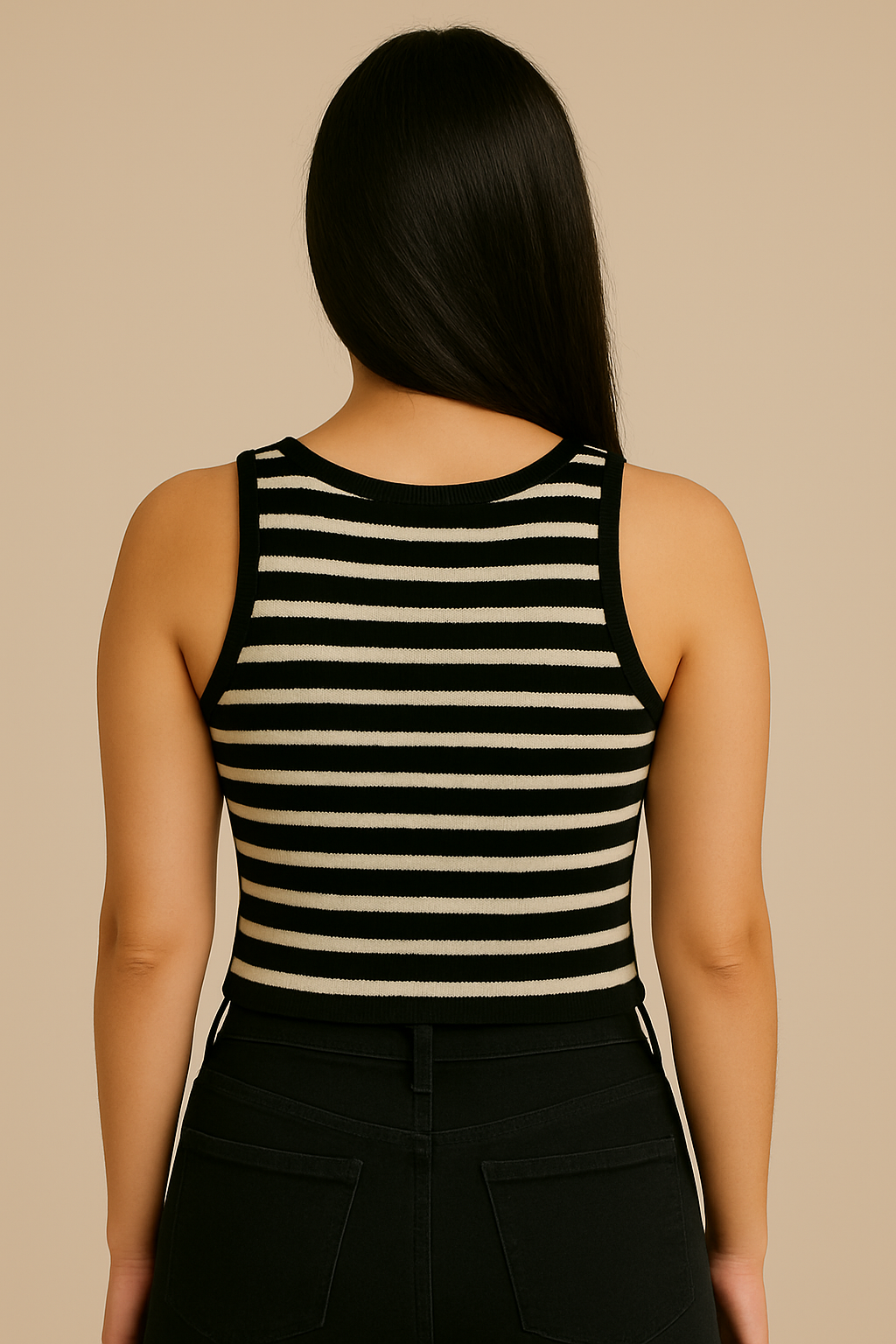 CODE 18 Women’s Black & White Striped Ribbed Crop Top – Sleeveless Tank Style Casual Wear