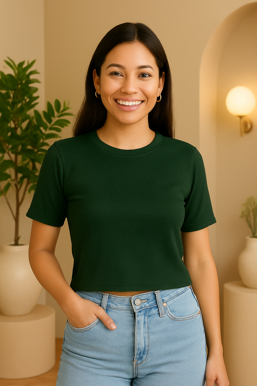 CODE 18 Women’s Dark Green Ribbed Slim Fit T-Shirt – Casual & Stylish Half Sleeve Top