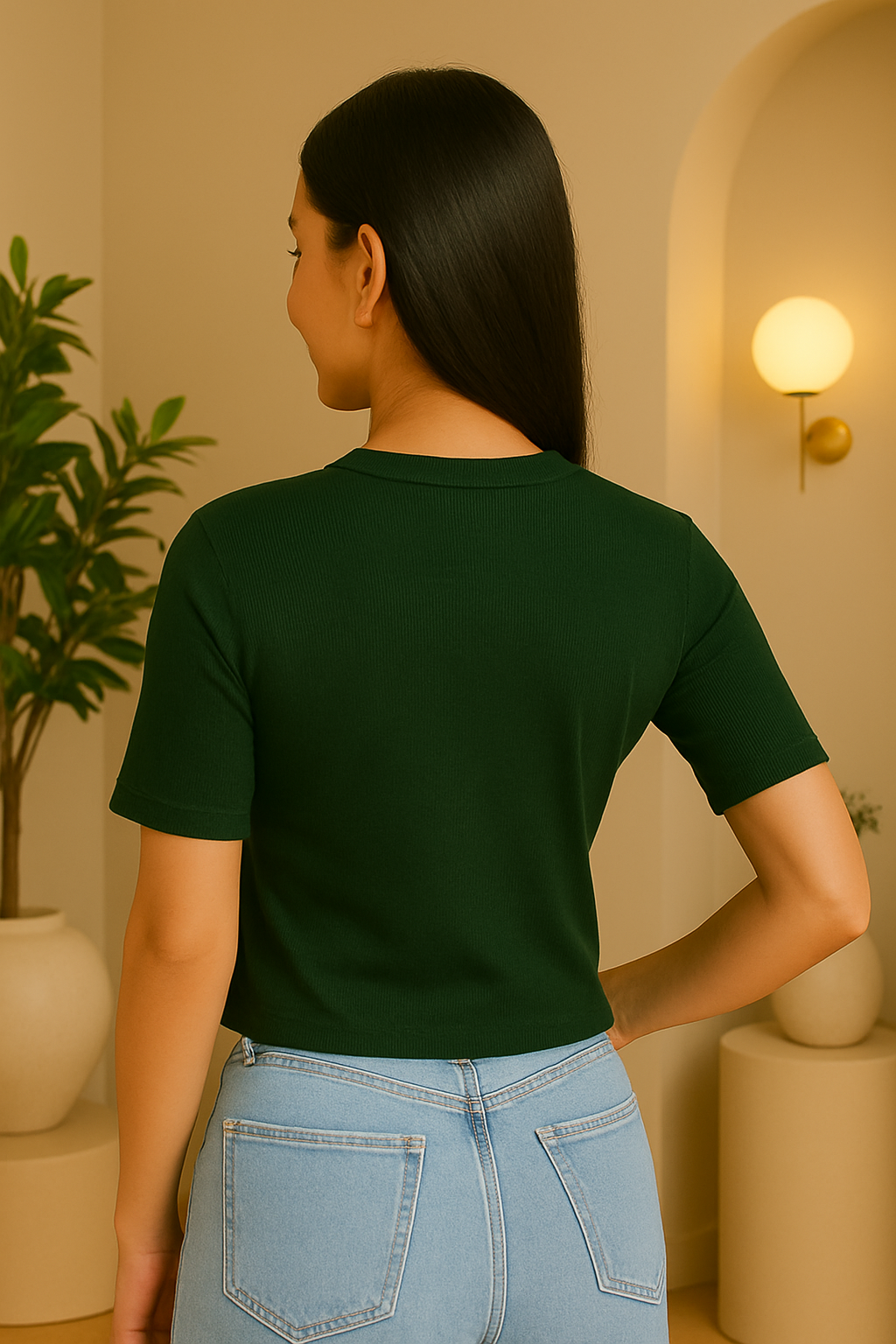 CODE 18 Women’s Dark Green Ribbed Slim Fit T-Shirt – Casual & Stylish Half Sleeve Top