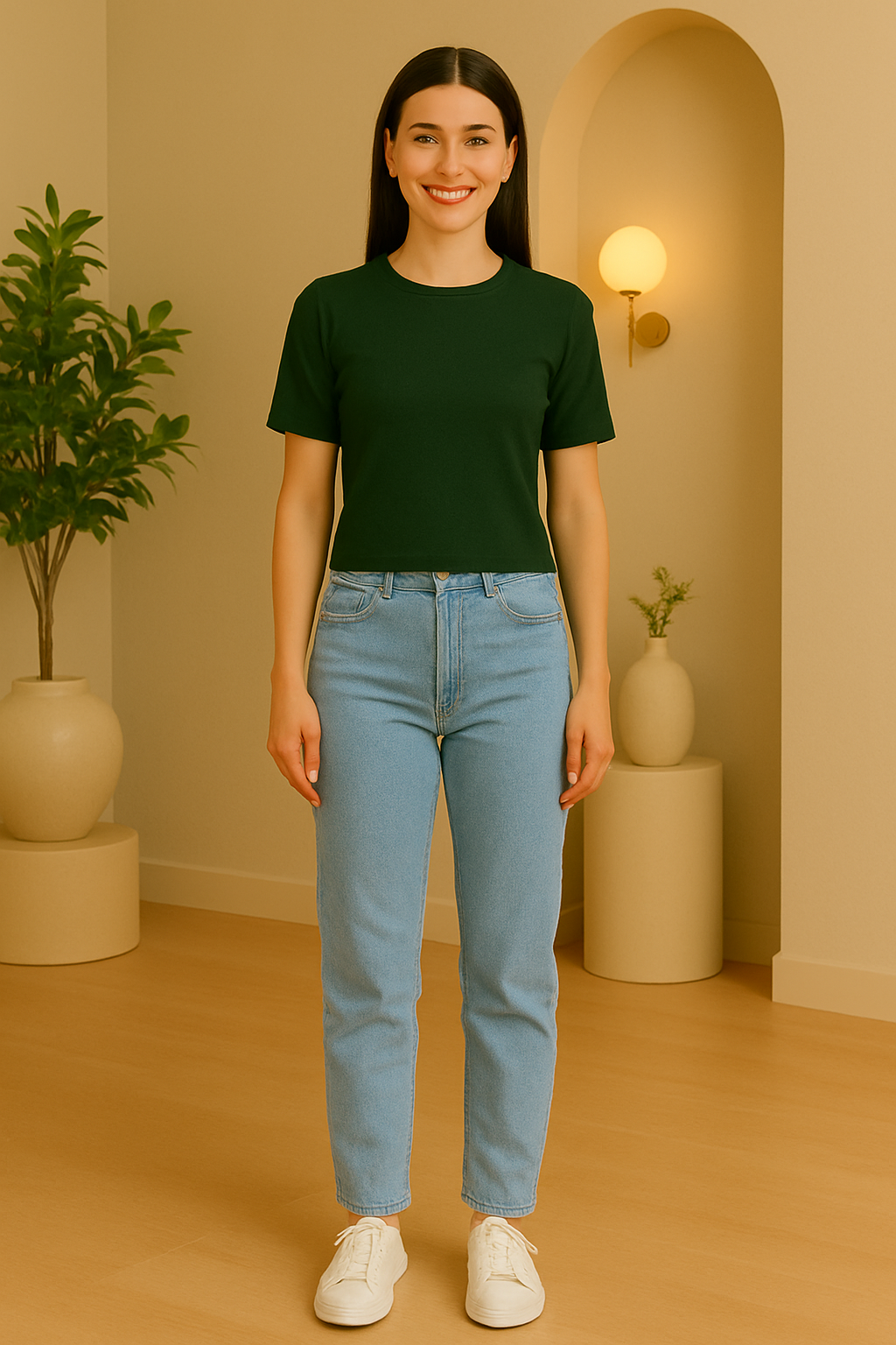 CODE 18 Women’s Dark Green Ribbed Slim Fit T-Shirt – Casual & Stylish Half Sleeve Top