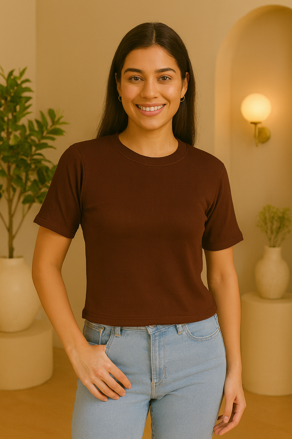CODE 18 Women’s Brown Ribbed Slim Fit T-Shirt – Casual & Stylish Half Sleeve Top