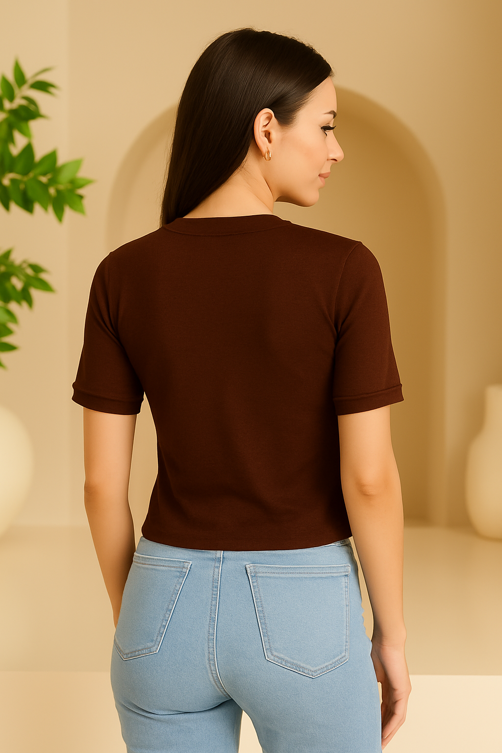CODE 18 Women’s Brown Ribbed Slim Fit T-Shirt – Casual & Stylish Half Sleeve Top