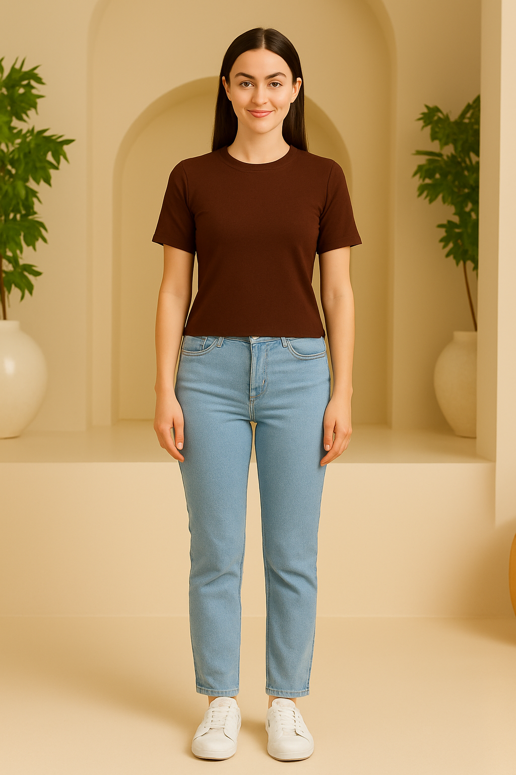 CODE 18 Women’s Brown Ribbed Slim Fit T-Shirt – Casual & Stylish Half Sleeve Top