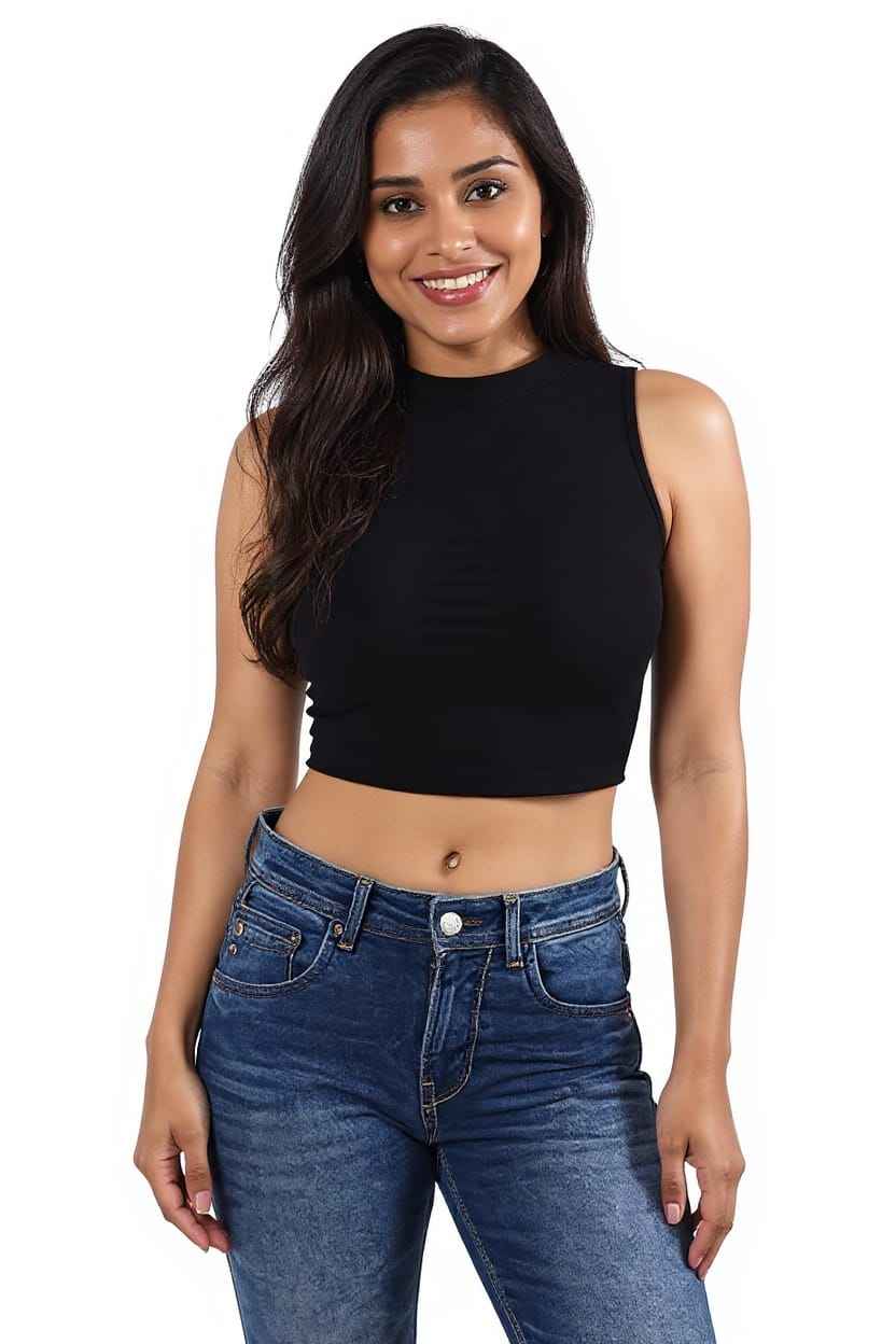 CODE 18 Women’s Black Ribbed Crop Top – Sleeveless Tank Style Casual Wear